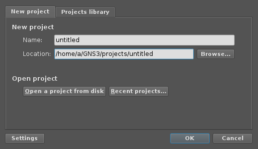 GNS3's Project Dialog - hitting 'Projects library' shows your existing, saved projects.